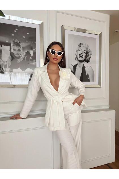 Women's White Atlas Fabric Lined Striped Belted Rose Detailed Design Bottom-Top Set