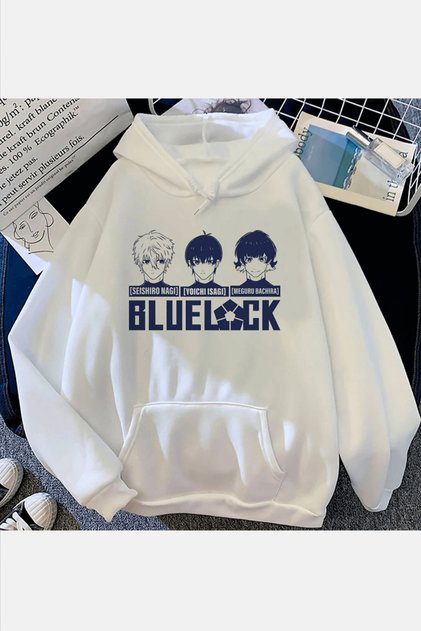 Blue Lock Face White Hooded Sweatshirt