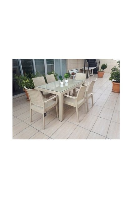 80x140 Camlı Masa 6 Sandalye Rattan Takım Çöl Beji