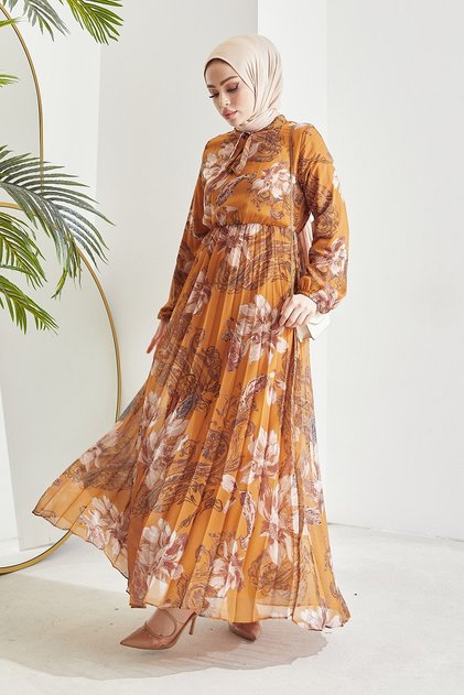 Serena Flower Pattern Pleated Chiffon Hijab Dress - Mustard