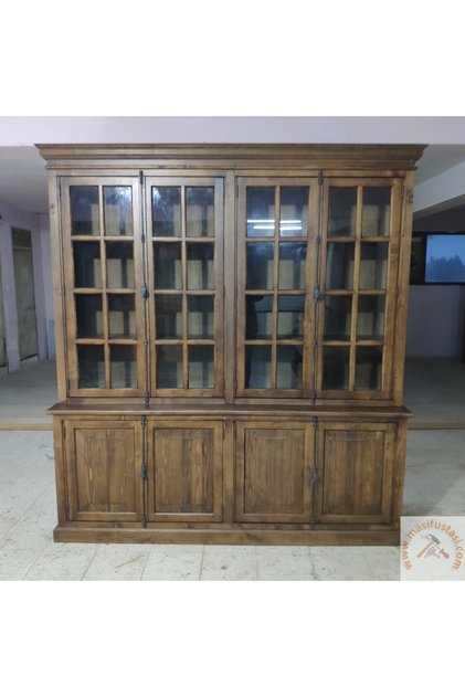 Kastor Antik Ceviz Vitrinli Masif Ahşap Dolap