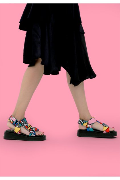 Women's Vegan Multicolored Thick Sole Sandals - Painting In Harmony Design