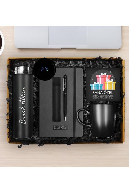 Kişiye Özel 500 ML Dereceli Termos & Kişiye Özel Defter & Deri Kılıflı Touch Pen Kalem & Siyah Kupa
