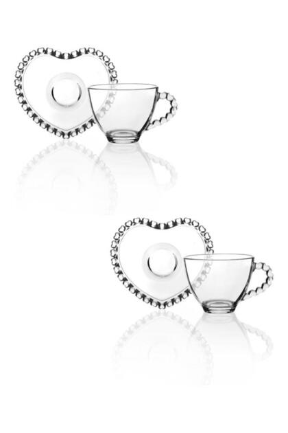 2 Person Luxury Glass Turkish Coffee Cup with Bead Heart Motif