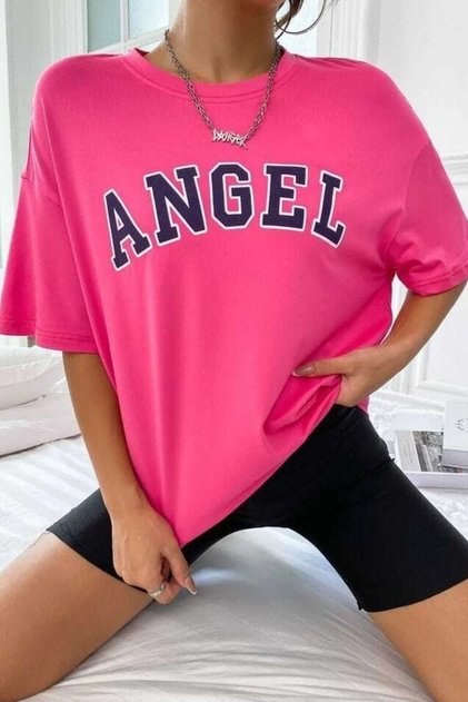 Kadın Pembe Angel Baskılı Oversize