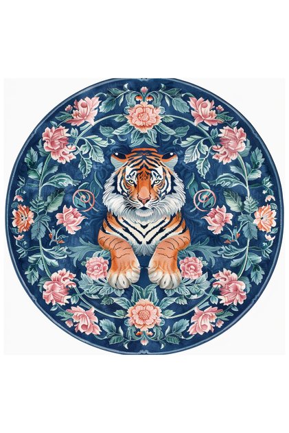 Fiorella 7004 Round Printed Carpet with Tiger and Pink Rose Figures