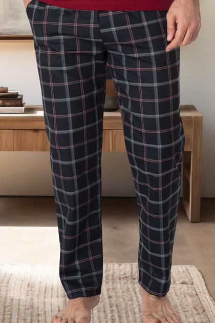 Men's Single Bottom Pajamas - 80% Cotton and 20% Viscose, Plaid, Pocket Detailed, Woven Cotton Fabric