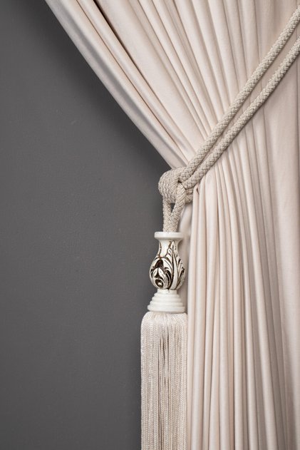 Cream Color White Core Detailed Background Curtain Tie Bamboo Baroque Tufted Braçol