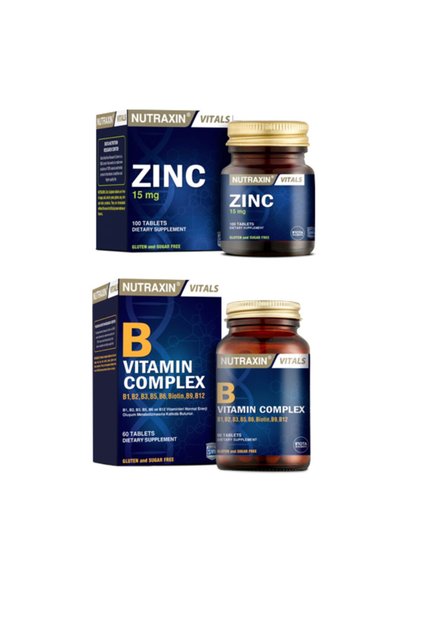 Zinc Supplement for Skin, Hair and Nail Health 15 Mg 100 Tablets + B Vitamin Complex 60 Tablets