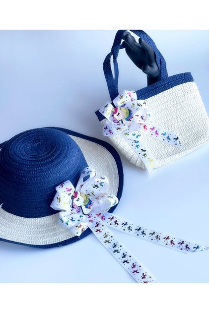 Design special Prințesă de lux Fată Copil Pălărie de paie Set de costum de geantă de plajă Unicorn strălucitor bleumarin