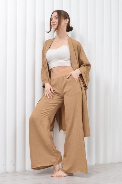 Women's Linen Pocket Belted Long Kimono-pants Double Set Light Brown