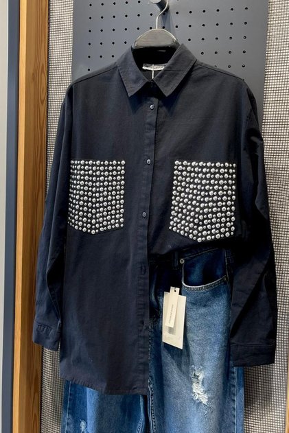 Women's Black Pockets Stoned 100% Cotton Oversize Shirt