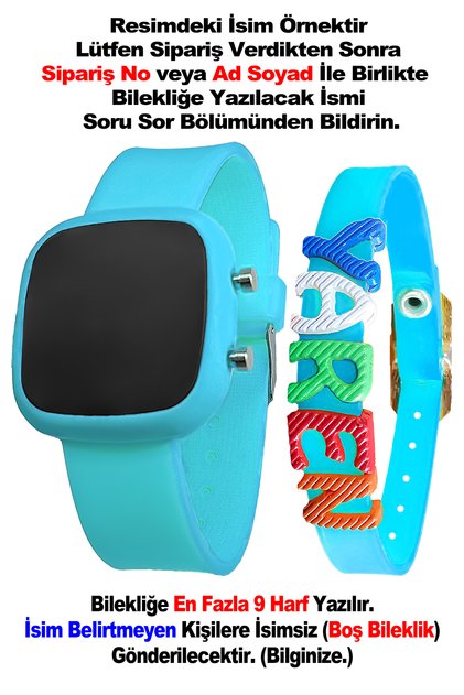 Dijital Çocuk Kol Saati İsme Özel Hediye Bileklik Kombine Mavi Kare Saat