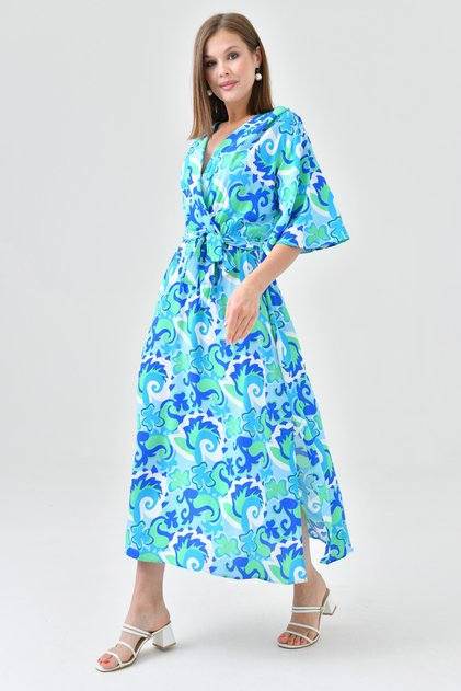 Printed Stretch Fabric Printed Belt Detailed Side Slit Midi Length Summer Blue Dress 101