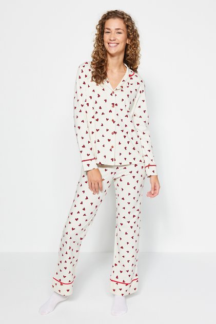 Beige 100% Cotton Heart Bias Knitted Pajamas Set Thmaw24Pt00103