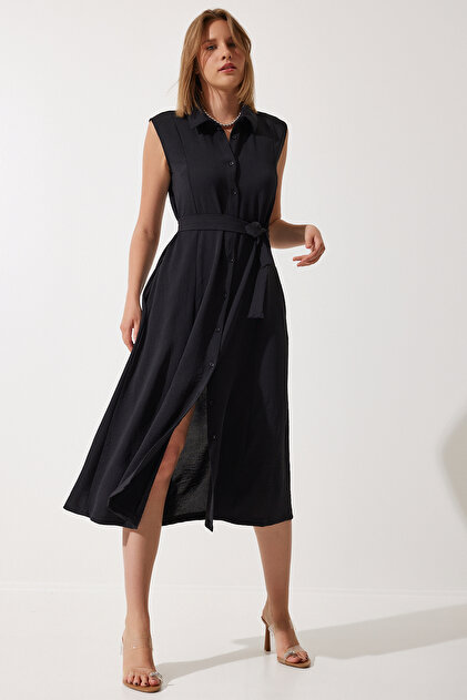 Happiness İstanbul Women's Black Belted Linen Viscose Summer Shirt