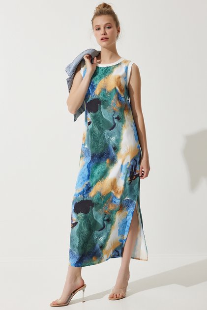 Women's Blue Gradient Patterned Sleeveless Summer Dress KJ00010