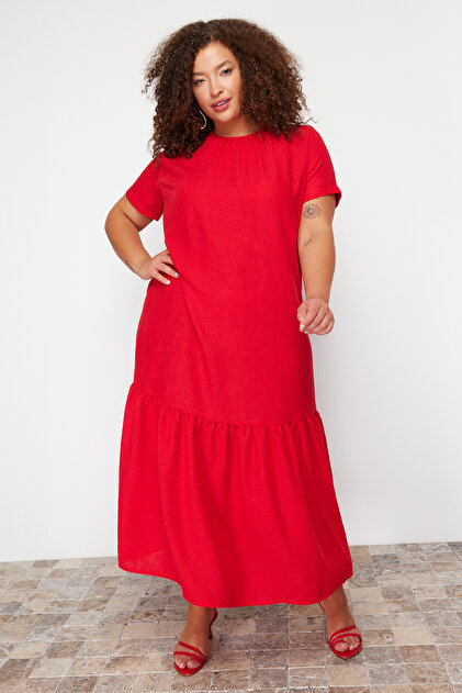 Trendyol Plus Plus Size Red Fake Linen Dress - TBBSS24AH00172- Trendyol