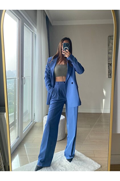 cn novembersun Kadın Mavi Blazer Ceket Pantolon Takım - Fiyatı
