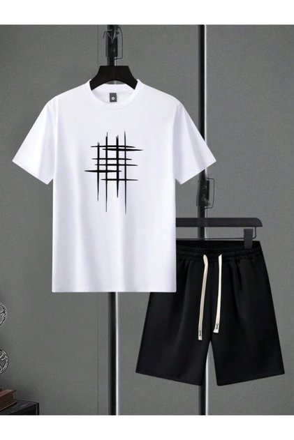 Unisex Kadın/Erkek Çizgili Özel Baskılı Şort T-shirt Takımı