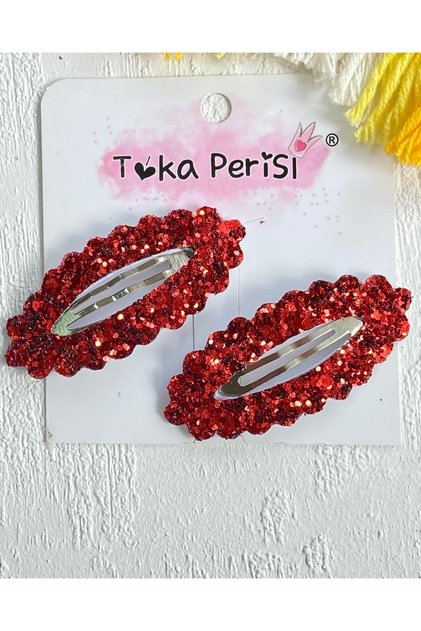Kırmızı Shine Glittery Çıtçıtlı 2li Toka 6cm