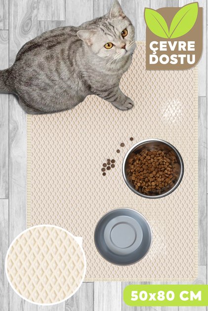 Hücreli Kedi ve Köpek Maması Matı Su Geçirmez Tuvalet & Mama Kabı Paspası (50x80 cm) - Krem