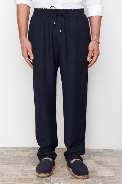 Lacivert Tapered Lastikli Beli Bağlamalı Keten Görünümlü Pantolon TMNSS20PL0547