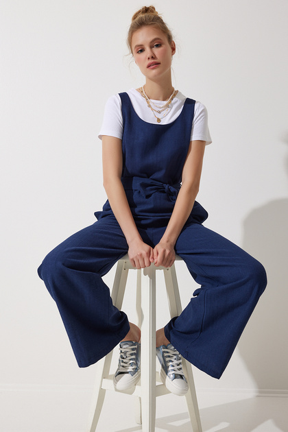 Women's Navy Blue Belted Linen Jumpsuit MC00282