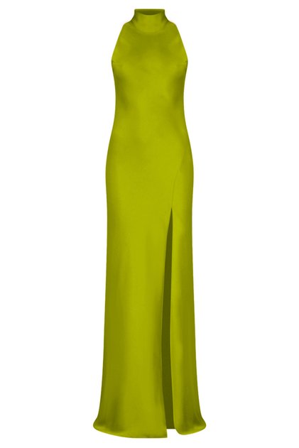 Halter Yaka Yırtmaçlı Maxi Yeşil Elbise