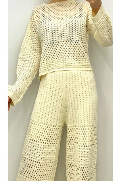 Set de tricotaje ajurate pentru damă, pantaloni și bluză căptușite