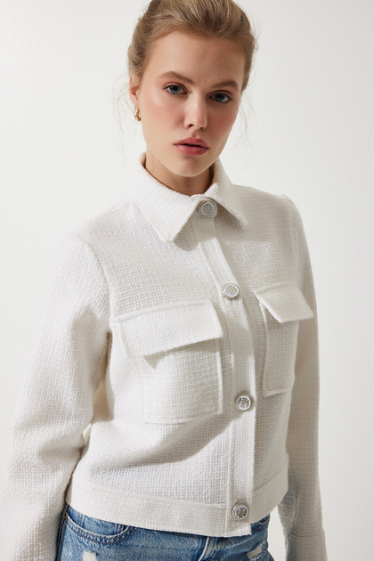 Women's Off-White Stylish Buttoned Woven Tweed Jacket with Pockets WF00063