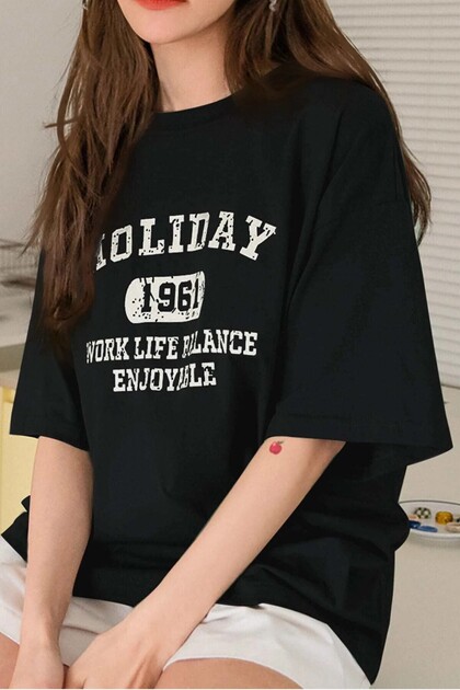 Unisex Siyah Bisiklet Yaka Baskılı Oversize
