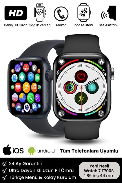 Watch 7 Ios Android Uyumlu Spor Ve Sağlık Sensörlü Bluetooth Aramalı T700 Max Siyah