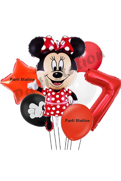 Minnie Mouse 7 Yaş Doğum Günü Set Minnie Mouse Konsept Balon ve Kırmızı Rakam Balon
