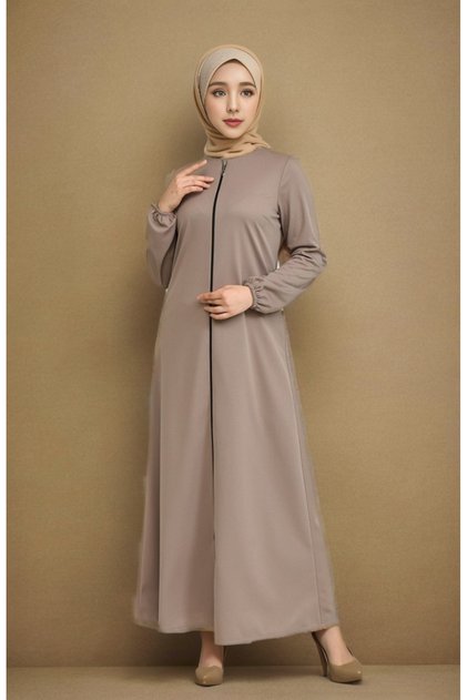 Full-Length Zip-Front Dress with Elastic Sleeves