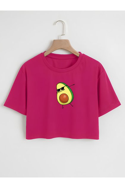 Women's Oversize Crew Neck Avocado Printed Crop T-shirt