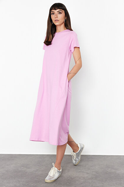 Trendyol Collection Pink Midi Knitted Dress - Plain T-shirt Pocket,  TWOSS24EL00169- Trendyol