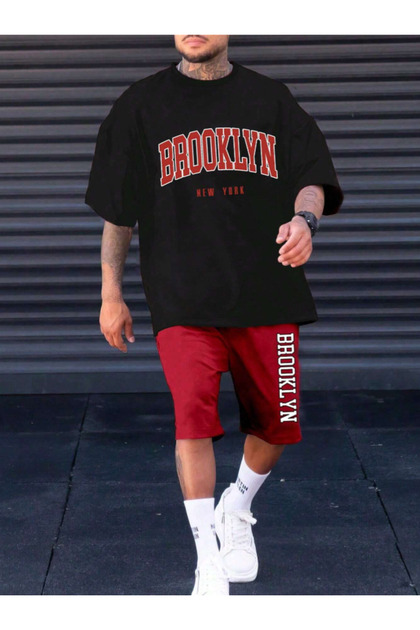Unisex Kadın/Erkek Siyah Kırmızı BROOKLYN Özel Baskılı Şort T-shirt Takımı
