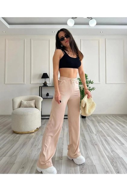Women's Beige Tiril Summer Wrapped Fabric Relaxed Cut Trousers