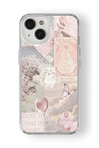 iPhone 15 Compatible Dust Pink Collage Design Printed Transparent Case