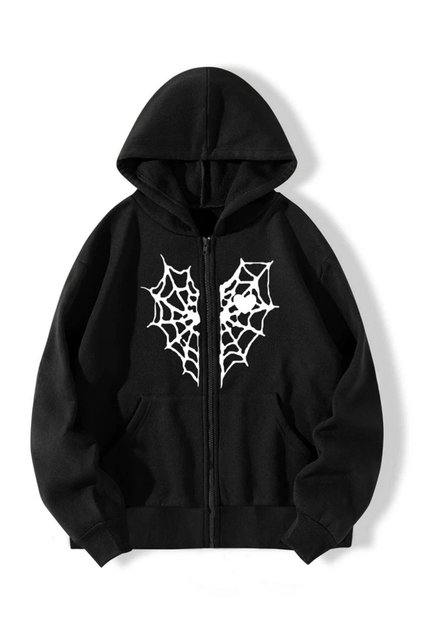 Hearted Spider Web Printed Sweatshirt Zippered Cardigan - Black Gray Oversize Pocket Loose Cut Hoodie