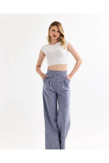 Women's Trousers - High Waist - Linen Fabric - Velcro Palazzo Trousers