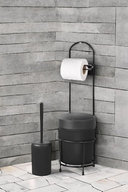 Standing Black Bucket WC Paper Holder and Toilet Brush Set