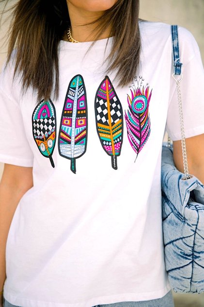 Women's White Feather Pattern Cotton T-Shirt