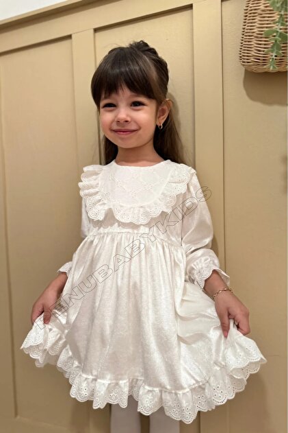 penu baby kids WHITE Ruched Long Sleeve Velvet Baby Girl Dress- Trendyol