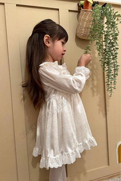 knee length dresses for ladies Baby Girl White Ribbed Long-Sleeve Splicing Floral Embroidered Mesh Fairy Dress White main image 0