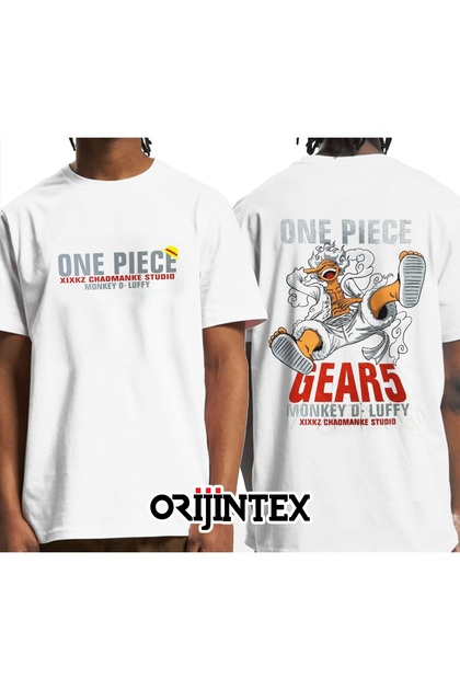 تي شيرت أبيض للجنسين مطبوع من الأمام والخلف من One Piece Monkey D. Luffy Gear 5