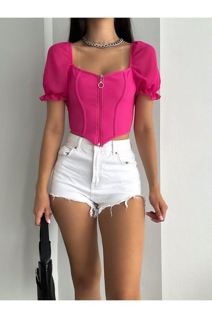 Fuchsia Sleeve Chiffon Zippered Short Sleeve Women's Crop Blouse
