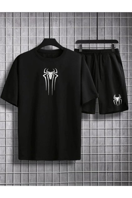 Spider Printed Oversize T-Shirt and Shorts 2-Piece Combination