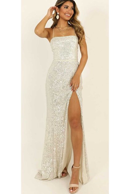 hilaltrendd back cleavage sequined evening dress- Trendyol